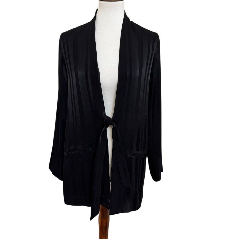 Soft Surroundings Black Satin Tie Front Jacket Cardigan Vertical Stripes Small